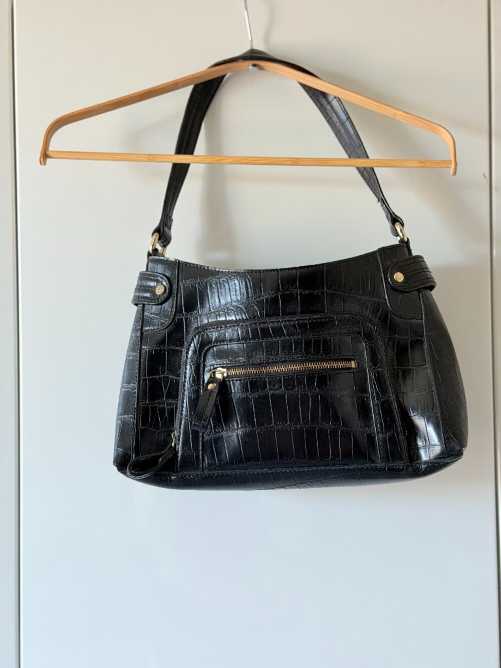 Liz Claiborne Black Crocodile Embossed Shoulder Bag Vintage Leather